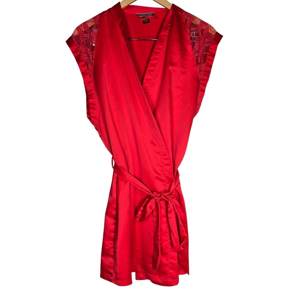 Victoria's Secret Red‎ Satin Lace Short Sleeve Kimono Robe M Boudoir Sexy